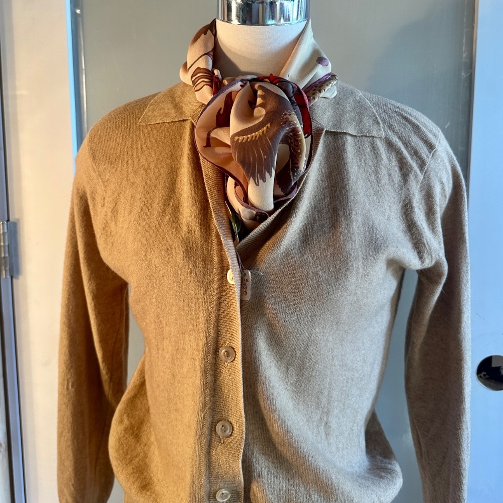Handmade Silk Scarf, Original Design One-of-a-Kind Quails Grouse Leaves Tan - Picture 7 of 9